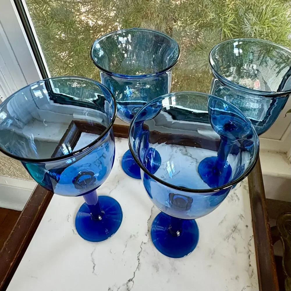 Vintage Cobalt Blue Mexican Glass Goblets Set of 4u